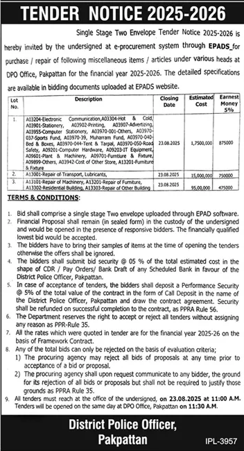 Police Department Pakpattan Tender Notice